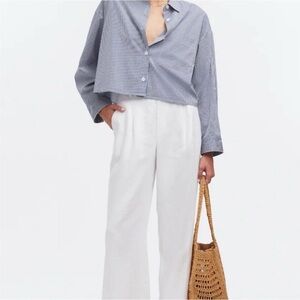 Madewell Straight-Hem Shirt in Poplin Size S Navy and White Button Down Crop